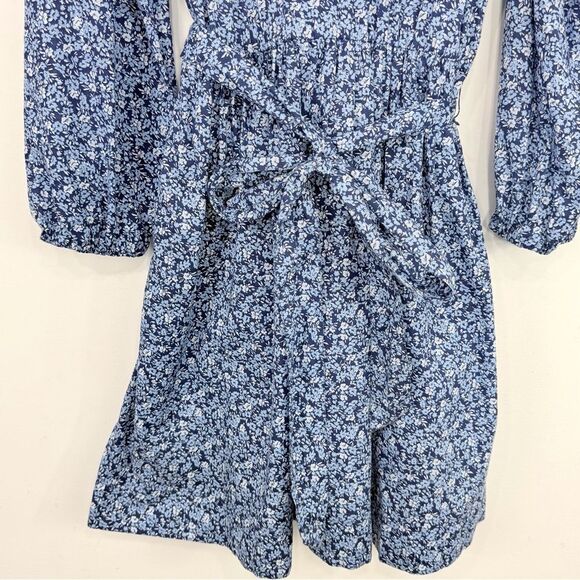 J. Crew Factory Blue Floral Ruffle Shoulder Puff Sleeve V Neck Mini Dress - Picture 12 of 16